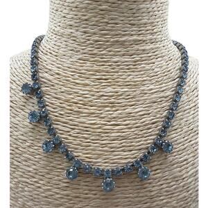 Vintage Blue Rhinestone Silver Tone Choker Necklace